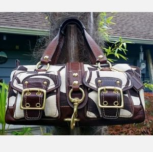 Coach Mandy 65 Anniversary Legacy Satchel Bag Buckle Pockets Khaki Gold Leather